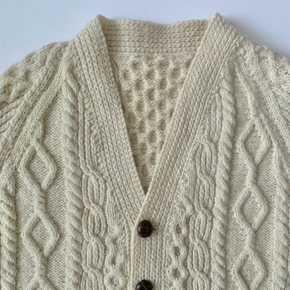 Vintage Wool V Neck Cable Knit Cream Cardigan Grandpa Sweater Cottagecore Cozy - Picture 6 of 13